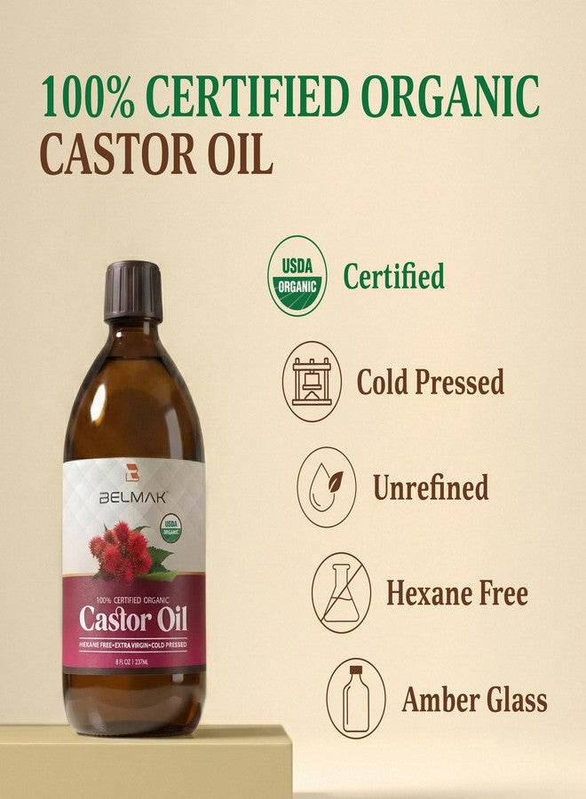 BELMAK Organic Castor Oil Cold Pressed Unrefined, USDA Certified & Hexane Free, 100% Pure Ricinus Communis Oil for Hair, Scalp, Brows and Lashes in Amber Glass Bottle (8 oz) - Image 2